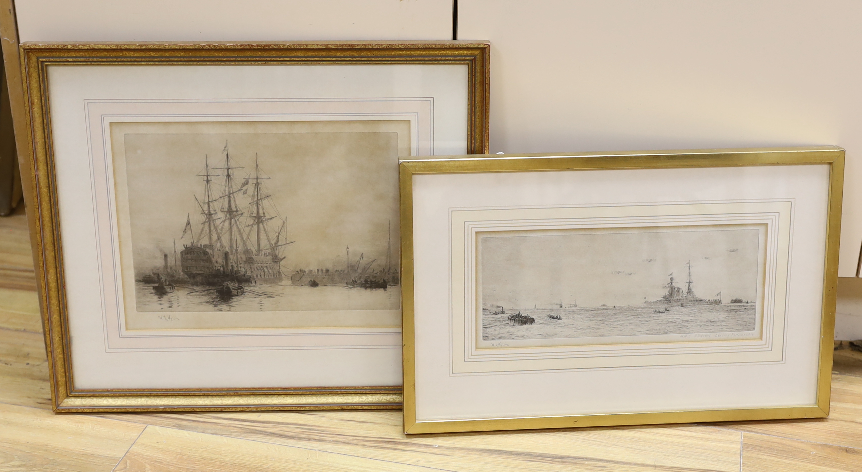 William Lionel Wyllie (1851-1931), two etchings, ‘HMS Renown leaving Portsmouth’ and one other, each signed in pencil, largest 25 x 34cm